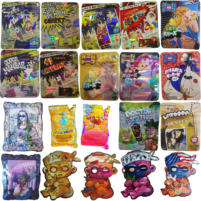 

2023 holographic mylar bag 3.5g don merfos super runtz candy lemon cherry popperz fumi duck sauce wock up die cut out shape edible packaging custom