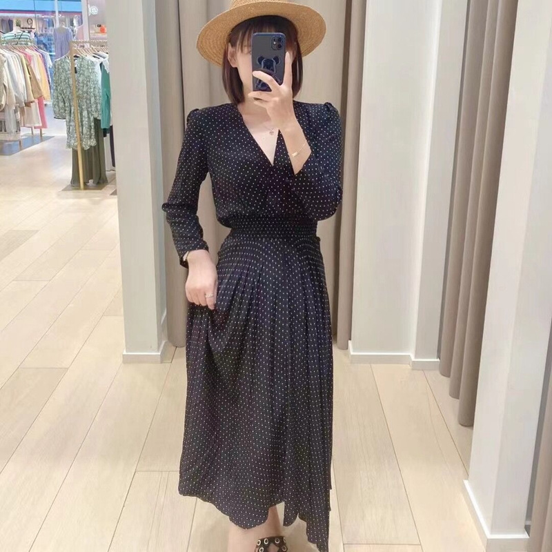 Casual Dresses Maje French Style Long Dress Polka Dot Long Sleeves Dress V-neck for Women