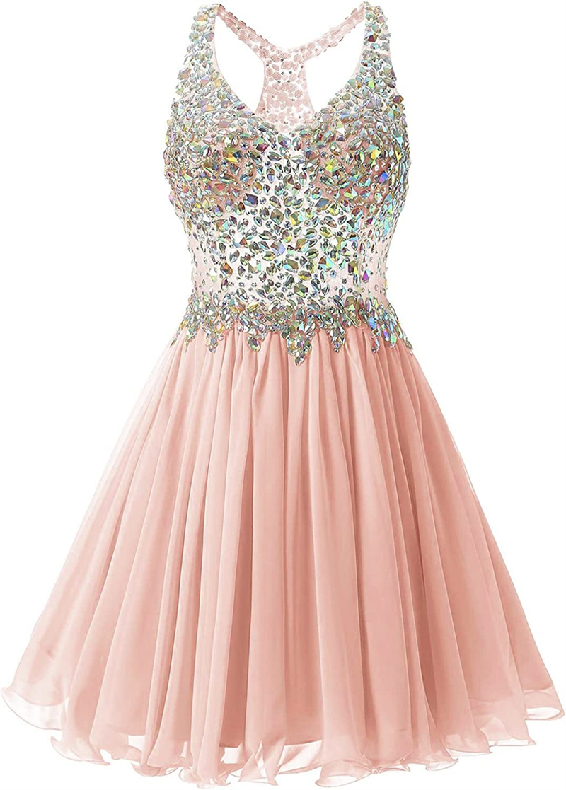 Crystal Tulle Prom Dresses Deep V-Neck Knee-Length Plus Size Graduation Cocktail Homecoming Party Gown 07