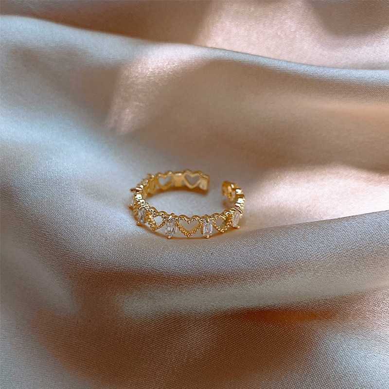 Band Rings New Fashion Gold Color Heart Shape Open Rings For Women Girls Zirconia Crystal Party Jewelry