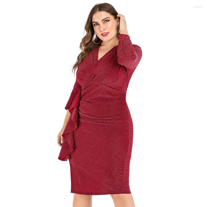 Plus Size Dresses Women 2023 V-neck Nine-quarter Sleeve Slim Slit Party Fashion Elegant Evening Dress Large