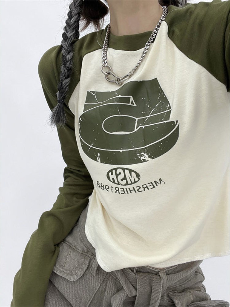 Womens TShirt Vintage Y2K Patchwork Green Tshirts Women Hippie Streetwear Long Sleeve TShirts Female Kpop Retro Autumn Egirl Crop Tops 230419