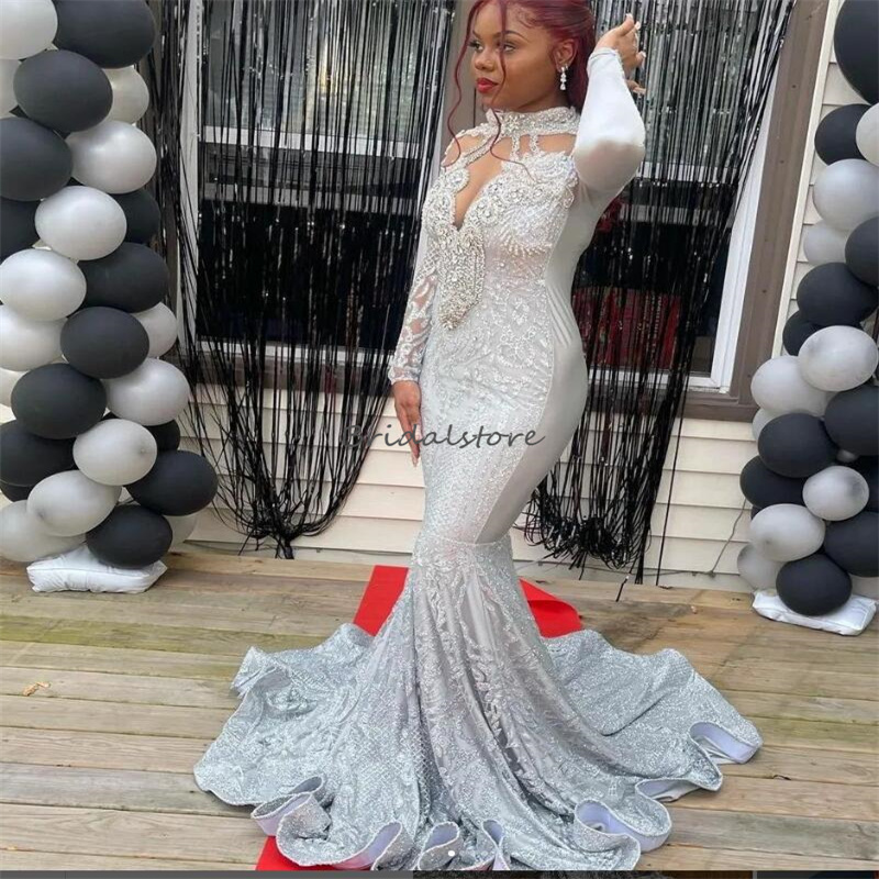 Luxury Sequin Aso Ebi Prom Dress For Black Girls Sparkly Long Sleeve Mermaid Plus Size Evening Dresses Birthday Formal Occasion South African vestidos