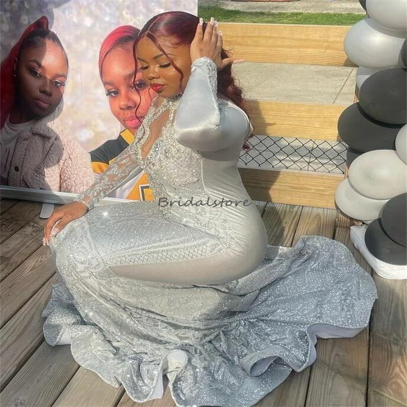 Luxury Sequin Aso Ebi Prom Dress For Black Girls Sparkly Long Sleeve Mermaid Plus Size Evening Dresses Birthday Formal Occasion South African vestidos