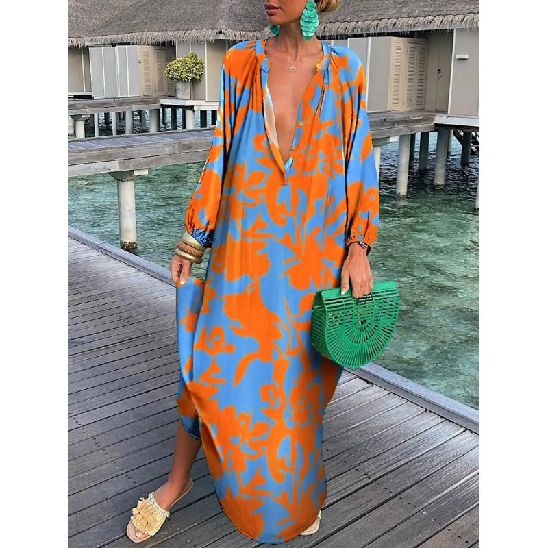 Casual Dresses Women Sexy Deep V-Neck Maxi Dresses Bohemian Lantern Sleeve Printed Long Dress Female Vintage Holiday Loose Beach Cover Up Robe 230419