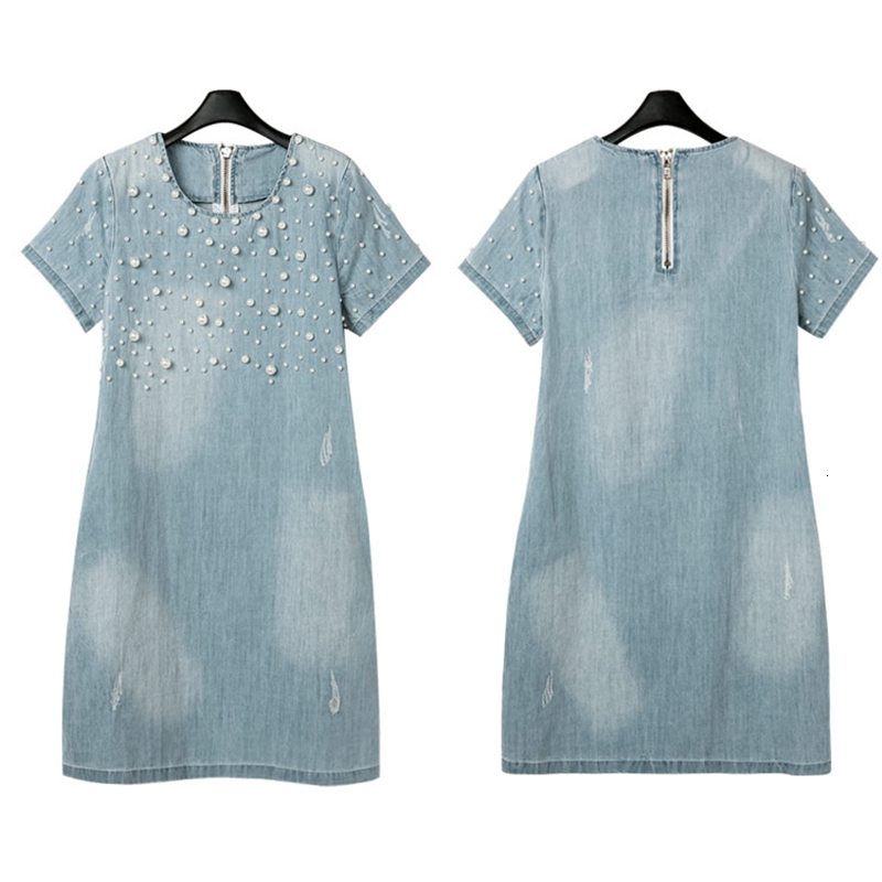 Casual Dresses Summer Loose Blue Jeans Dresses for Women Plus Size Short Sleeve O Neck Women Denim Dress Washed Vestidos 4XL 5XL 50 230419