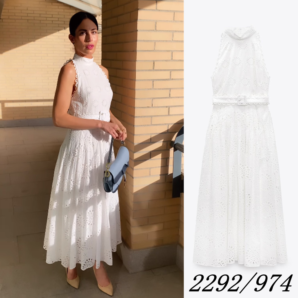 Casual Dresses Spring UNIZERA Women's Elegant Sleeveless Waist Decoration Belt Hollow Embroidery Midi 2292974 230419