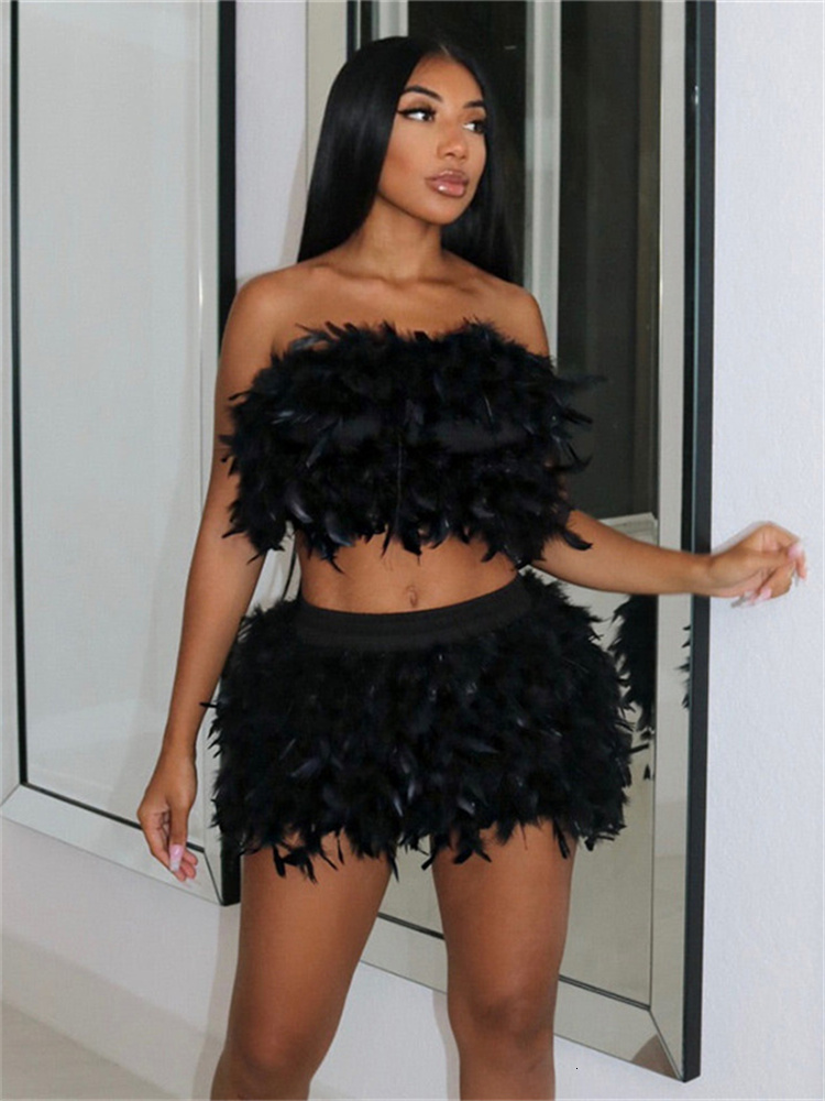 Feather 2 Piece Dress Set | Sexy Strapless Crop Top And Skirt Club Outfit