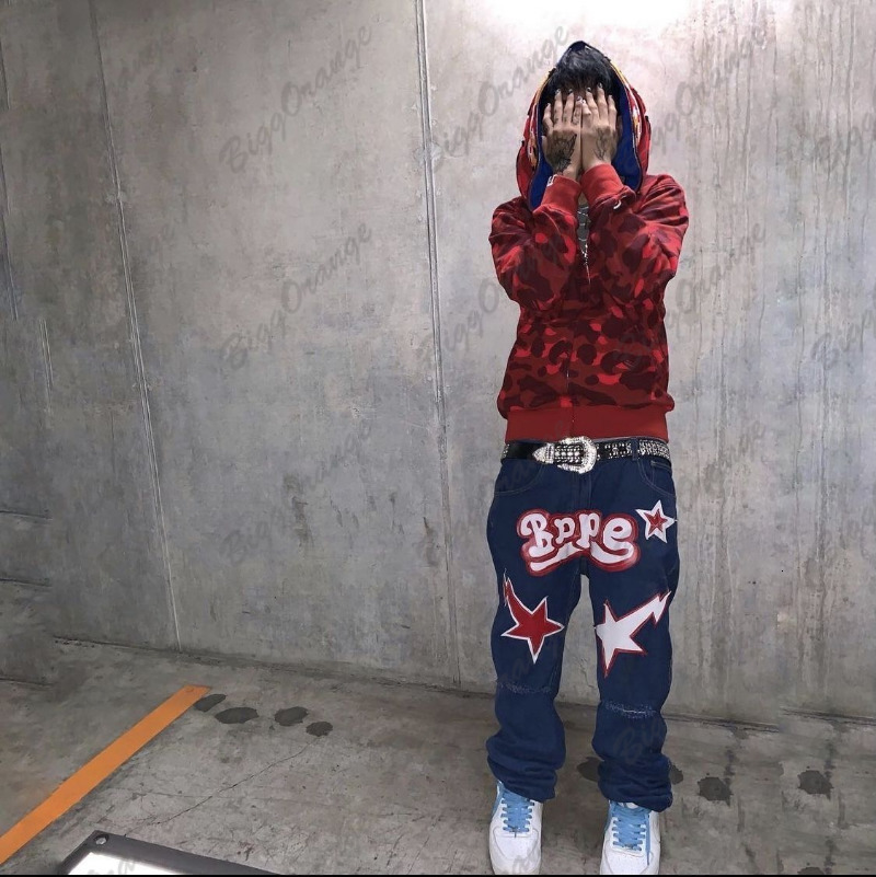 Mens Jeans Highquality Hip Hop Fashion Streetwear Star Print Hole American Retro Low Waist Loose Denim Pants Y2K Straight Man 230419