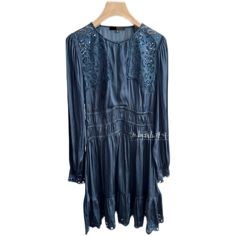 Casual Dresses Maje Round Neck Hollowed out Dress Long Sleeves Blue Short Dress for Women