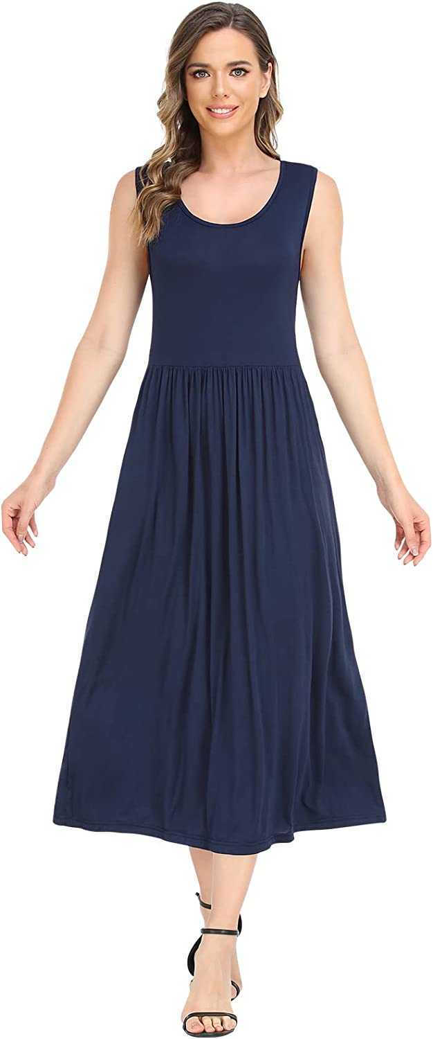 Women's Summer Beach Casual Maxi Dress Sleeveless Tank T Shirt Pleated Swing Dress with Pockets