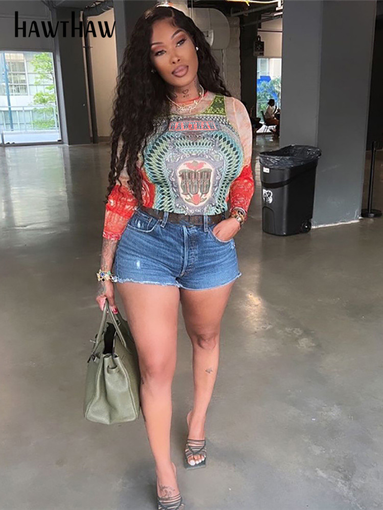 Womens TShirt Hawthaw Women Long Sleeve Graphic Mesh See Through Streetwear T Shirts Tops Tee Autumn Clothes Wholesale Items For Business 230419