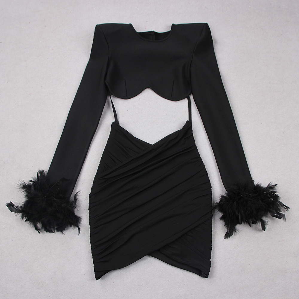 Two Piece Dress DEIVE TEGER 2023 Fashion Feather Mesh Bandage Womens Peice Sets Blazer Mujer Top Mini Sexy es 230419