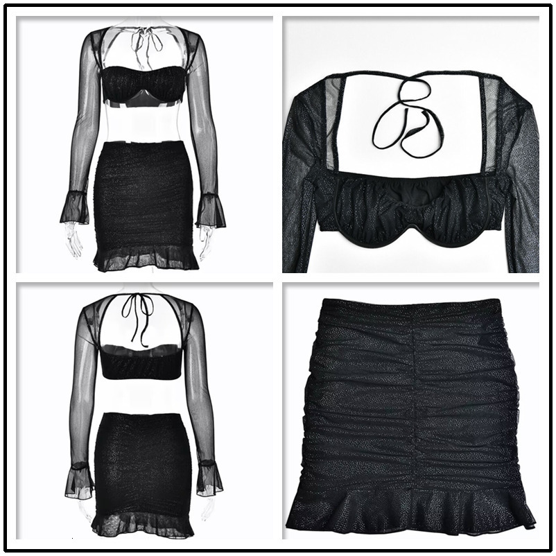 Two Piece Dress Townlike Pleated Sexy 2 s Set Women Mesh Long Sleeve Crop Top And Mini Skirts Slim Autumn Winter Outfits 230419