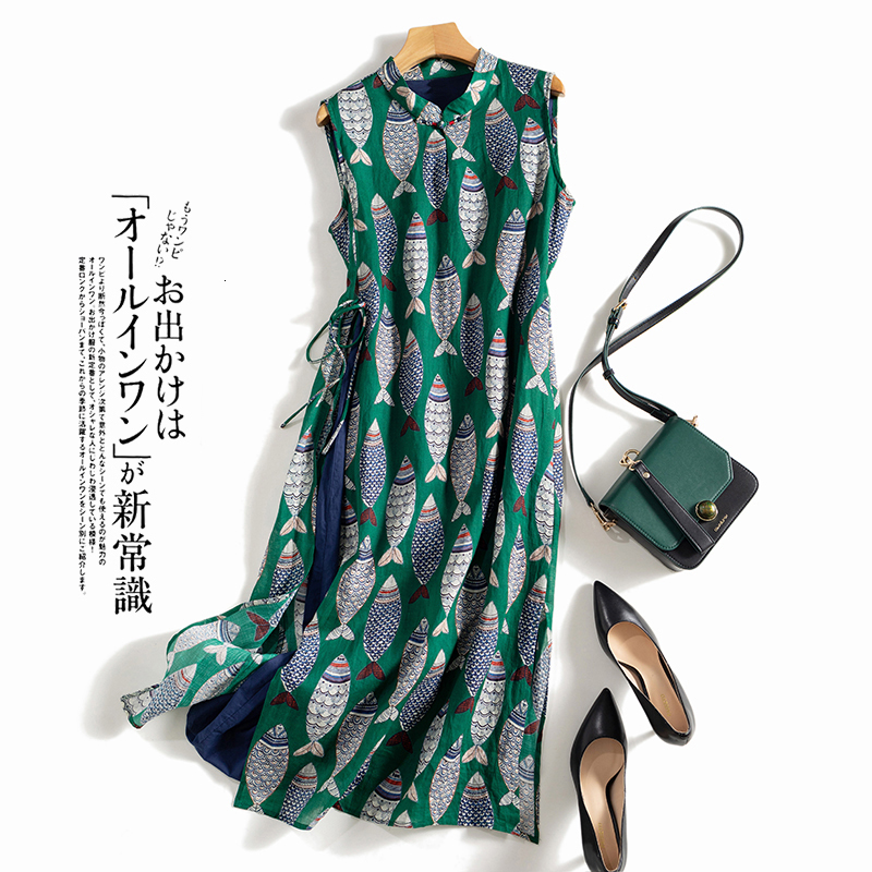 Casual Dresses Fish Print Vintage Linen Thin Loose Waist Sleeveless Women's Dress Stand Collar A-Line Mid-Calf Dresses For Women Summer 230418