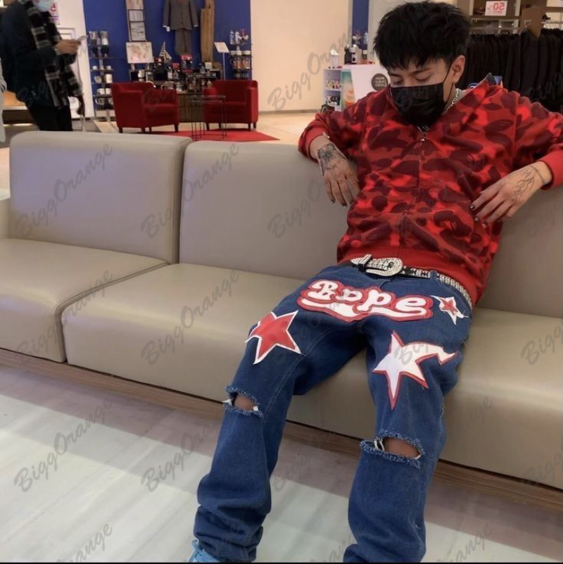 Mens Jeans Highquality Hip Hop Fashion Streetwear Star Print Hole American Retro Low Waist Loose Denim Pants Y2K Straight Man 230419