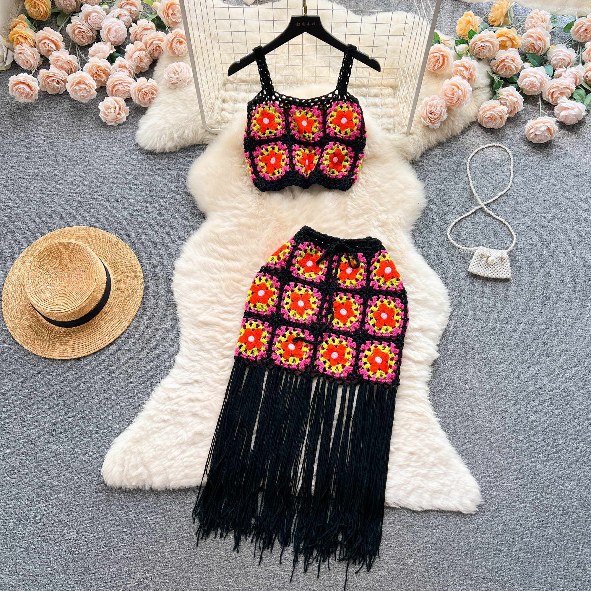 Two Piece Dress Hollow Out Bohemian Beach Sets Women Strap Floral Short Camisole+Sheer Long Skirt Knitted Vacation Two Pieces Suits 2024