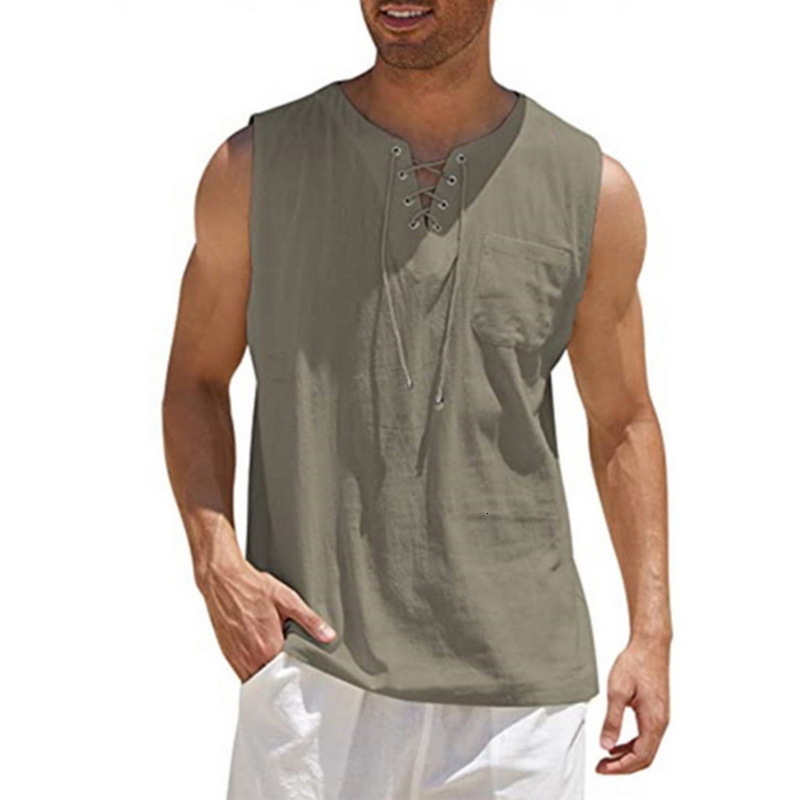 Men's Tank Tops Fashion Mens Summe Tank Tops Cotton Linen Casual Sleeveless Tops Loose Lace Up V-Neck Pocket Tees Shirts Male Streetwear 230419