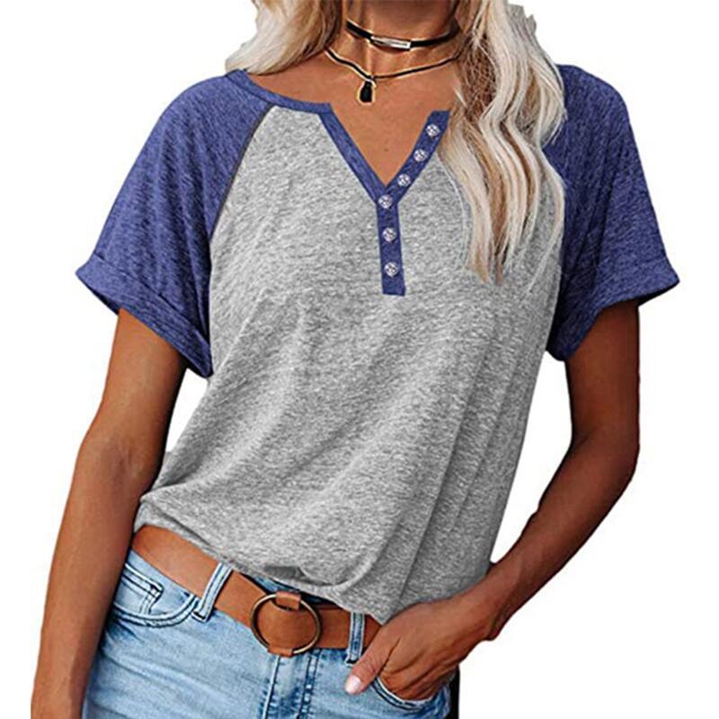 Womens TShirt Women Summer Fashion VNeck Stitching Top Short Sleeve Patchwork Color Button Casual Loose Comfortable Daily Tops 230419