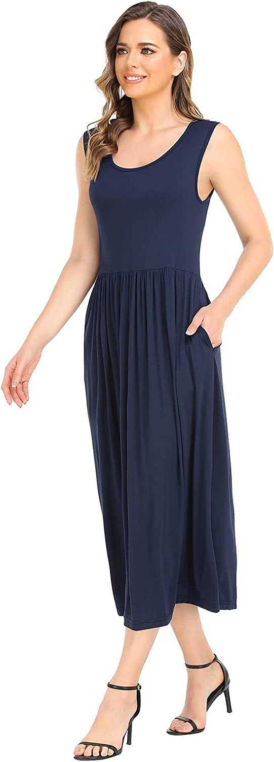 Women's Summer Beach Casual Maxi Dress Sleeveless Tank T Shirt Pleated Swing Dress with Pockets