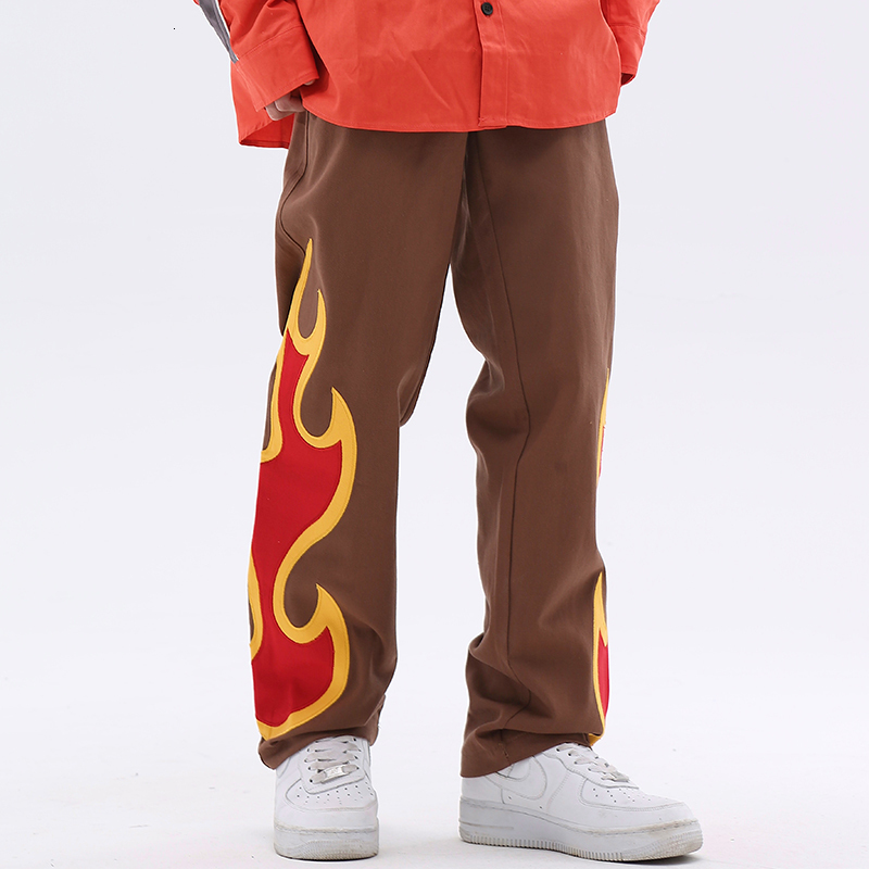 Mens Pants Harajuku Both Side Flame Embroidery Straight Casual Mens Cargos Streetwear Retro Pockets Patchwork Loose Trousers Oversized 230419