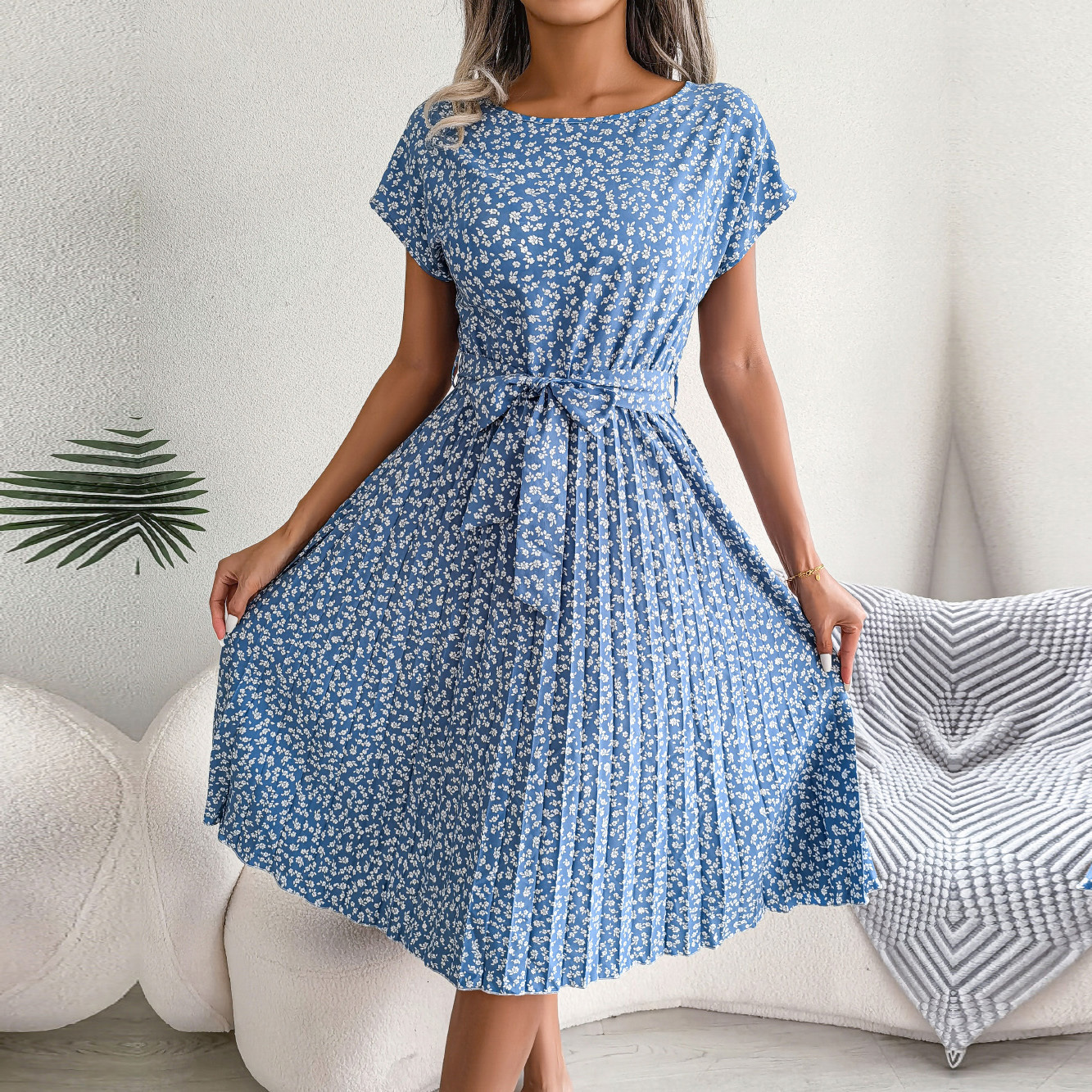 Casual Dresses F Fashion Floral Pleated A Line Long Dress Women Spring Summer Short Sleeve High Waist Chic Dress 230419