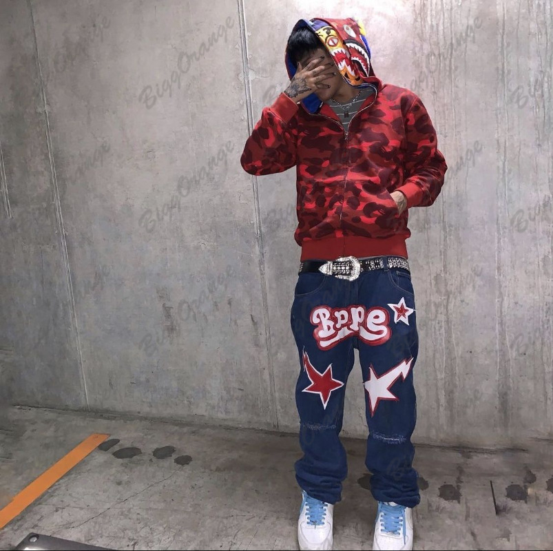 Mens Jeans Highquality Hip Hop Fashion Streetwear Star Print Hole American Retro Low Waist Loose Denim Pants Y2K Straight Man 230419