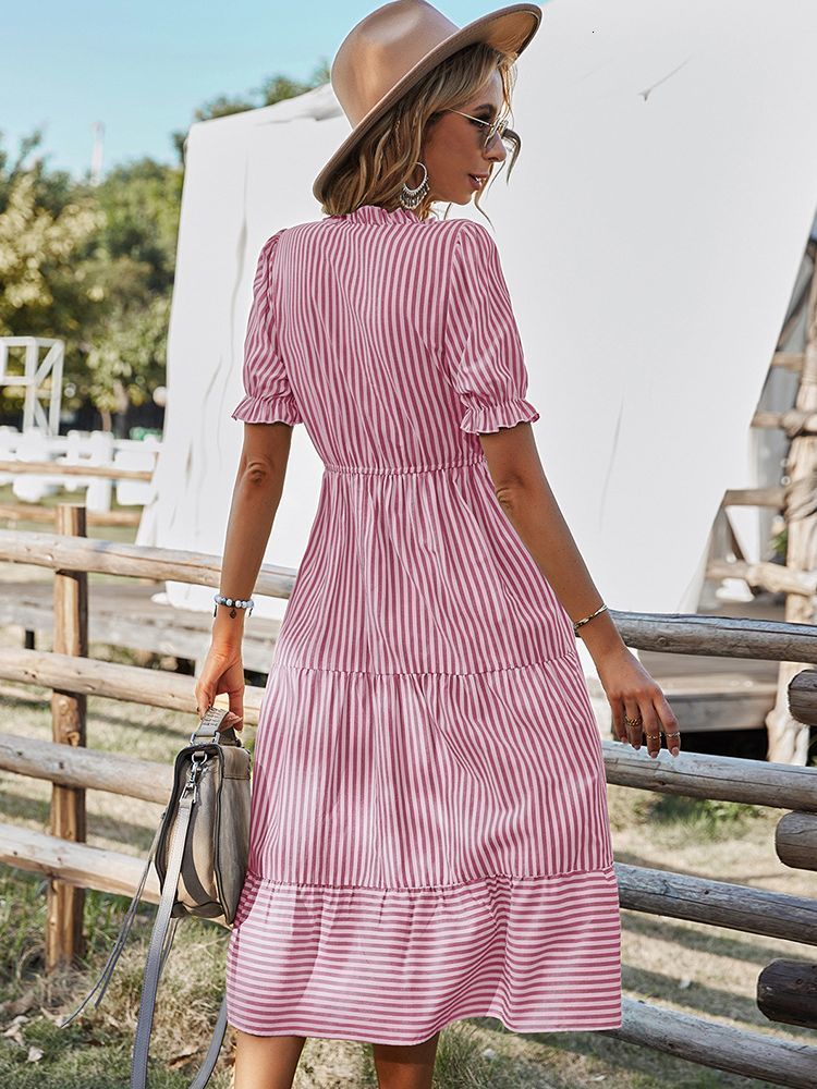 Casual Dresses Women Elegant Striped Lantern Sleeve Summer Dress Causal V-neck Button Ruffles Midi Dress Women Beach Holiday Party Dress 230419