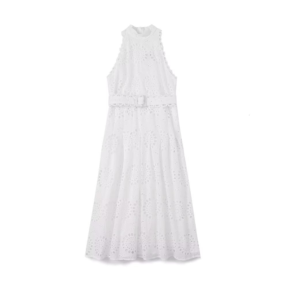 Casual Dresses Spring UNIZERA Women's Elegant Sleeveless Waist Decoration Belt Hollow Embroidery Midi 2292974 230419
