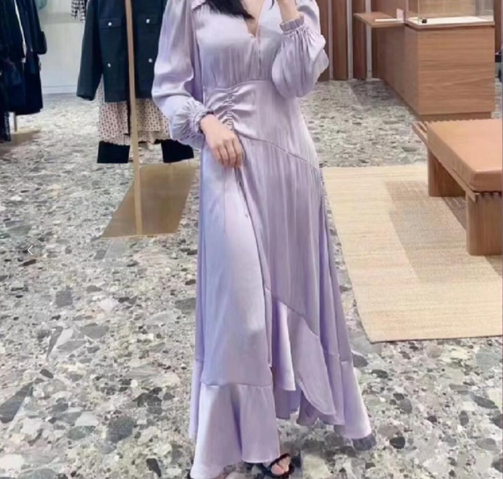 Casual Dresses Maje A-line Flare Dress Shriveled Ruffled Dip Hem Long Dress for Women