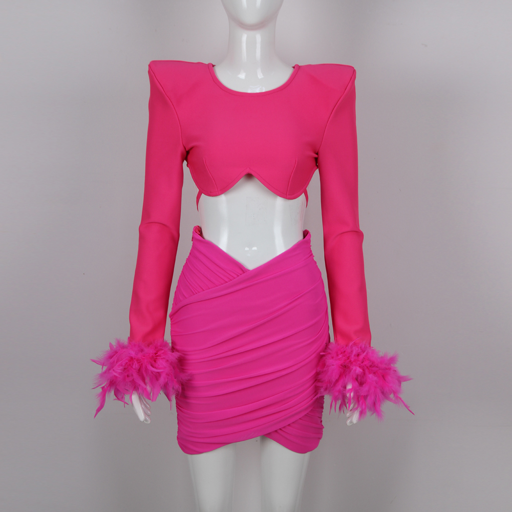 Two Piece Dress DEIVE TEGER 2023 Fashion Feather Mesh Bandage Womens Peice Sets Blazer Mujer Top Mini Sexy es 230419