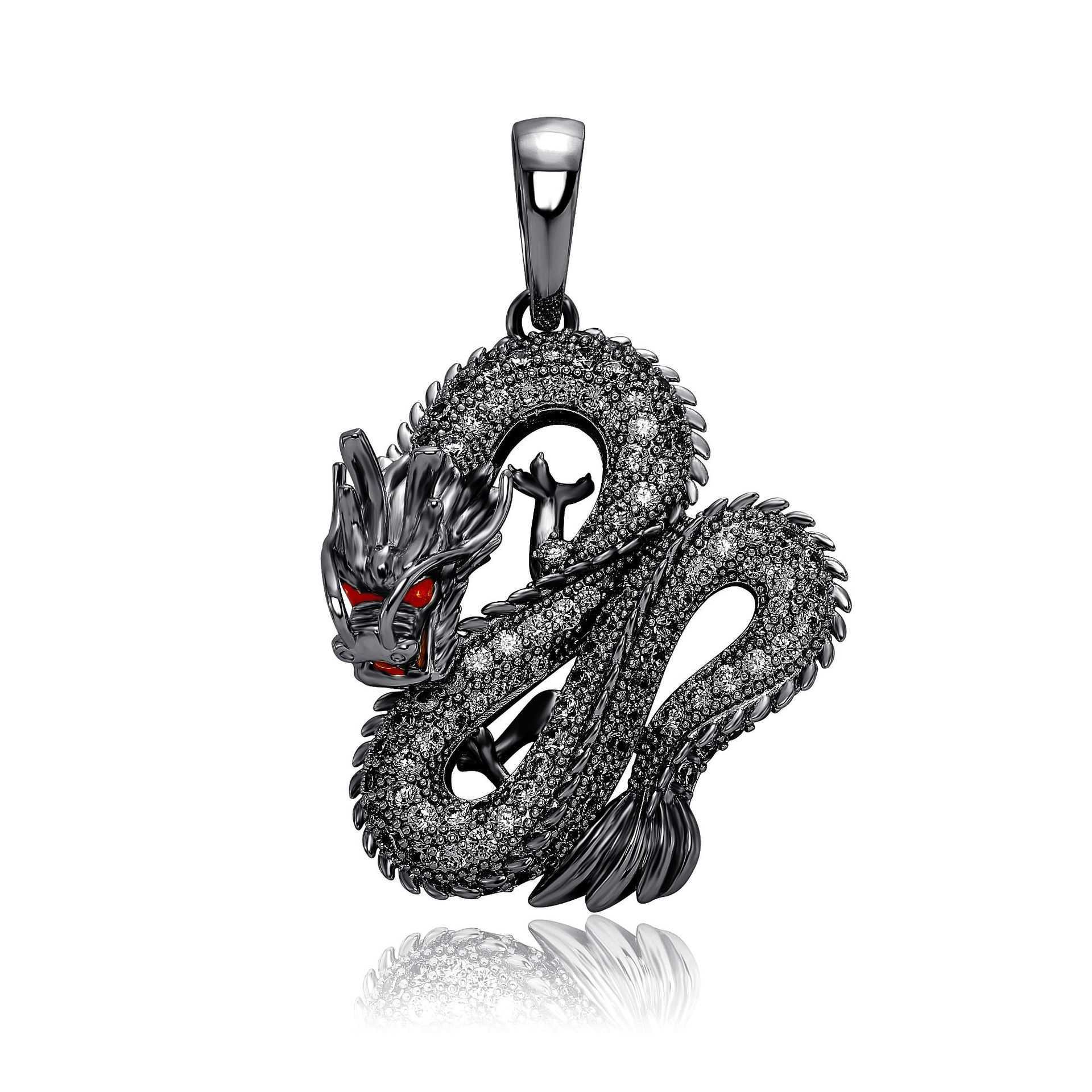 Wolf Tide Jewelry Chinese Style True Dragon Pendant Necklace Full Cubic Zirconia Animal Iced Out Real Gold Electroplated Personalized Hip Hop Necklace