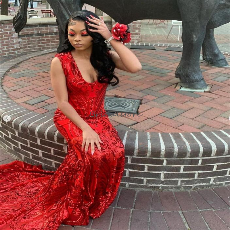 Sparkly Gold Sequin Prom Dress 2023 Sexy V Neck Mermaid Long Red Evening Gowns Elegant Formal Occasion Night Birthday Women Party Wear Luxury Vestidos
