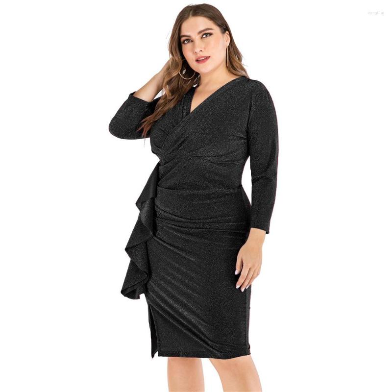 Plus Size Dresses Women 2023 V-neck Nine-quarter Sleeve Slim Slit Party Fashion Elegant Evening Dress Large