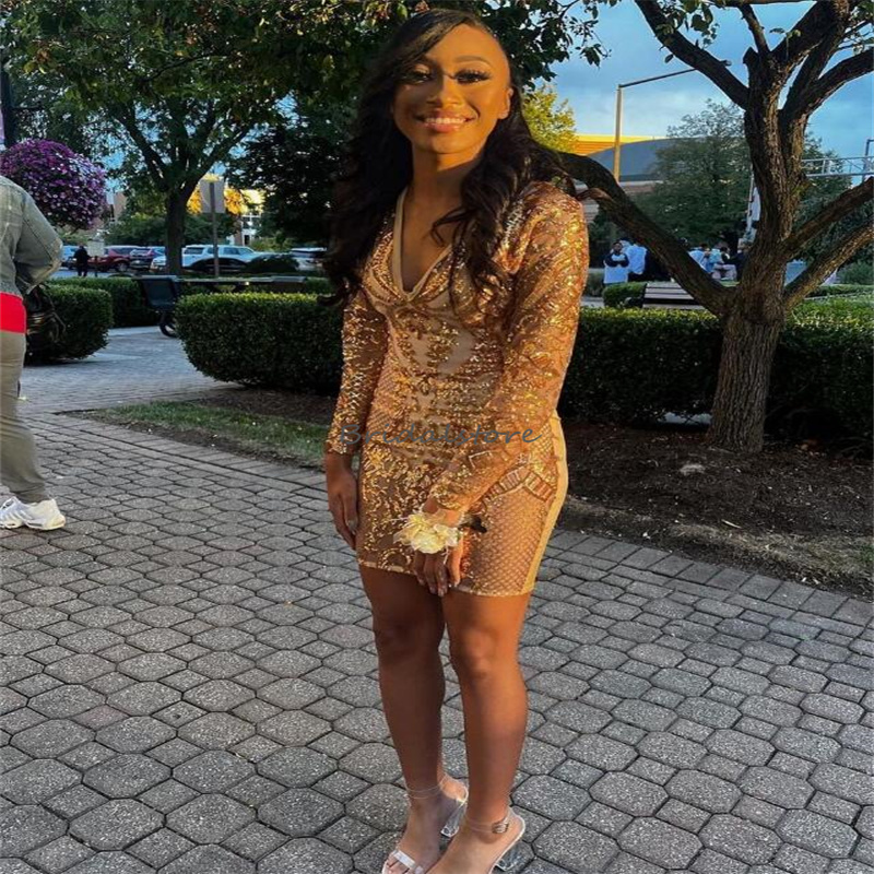 Glitter Short Sequin Prom Dress Gold 2023 Sexy V Neck Long Sleeve Cocktail Party Dresses Elegant Black Girls Graduation Evening Wear Homecoming Gradua