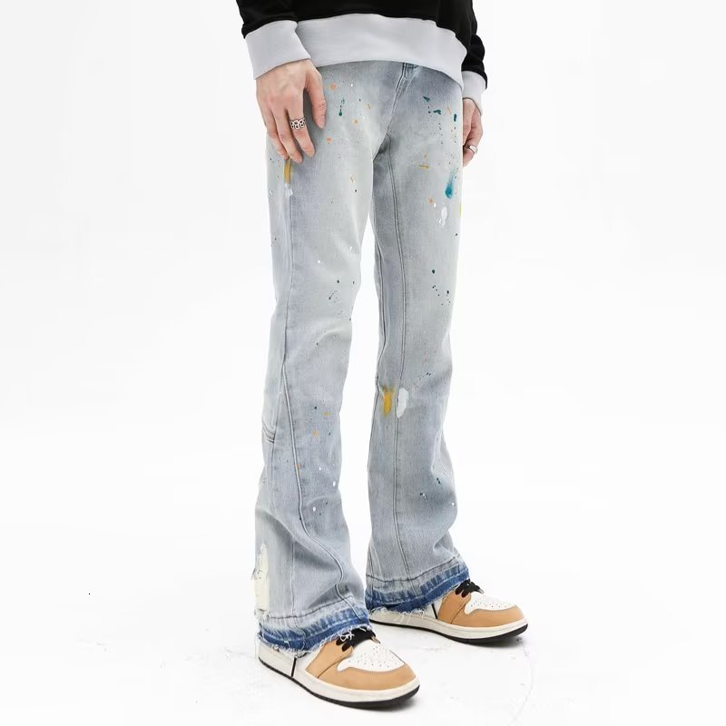 Mens Jeans Fashion Splash Ink Graffiti Vintage Baggy Men Flare Pants Elegant Washed Blue Hip Hop Denim Trousers Ropa Hombre 230419