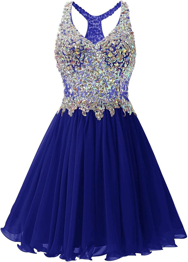 Crystal Tulle Prom Dresses Deep V-Neck Knee-Length Plus Size Graduation Cocktail Homecoming Party Gown 07