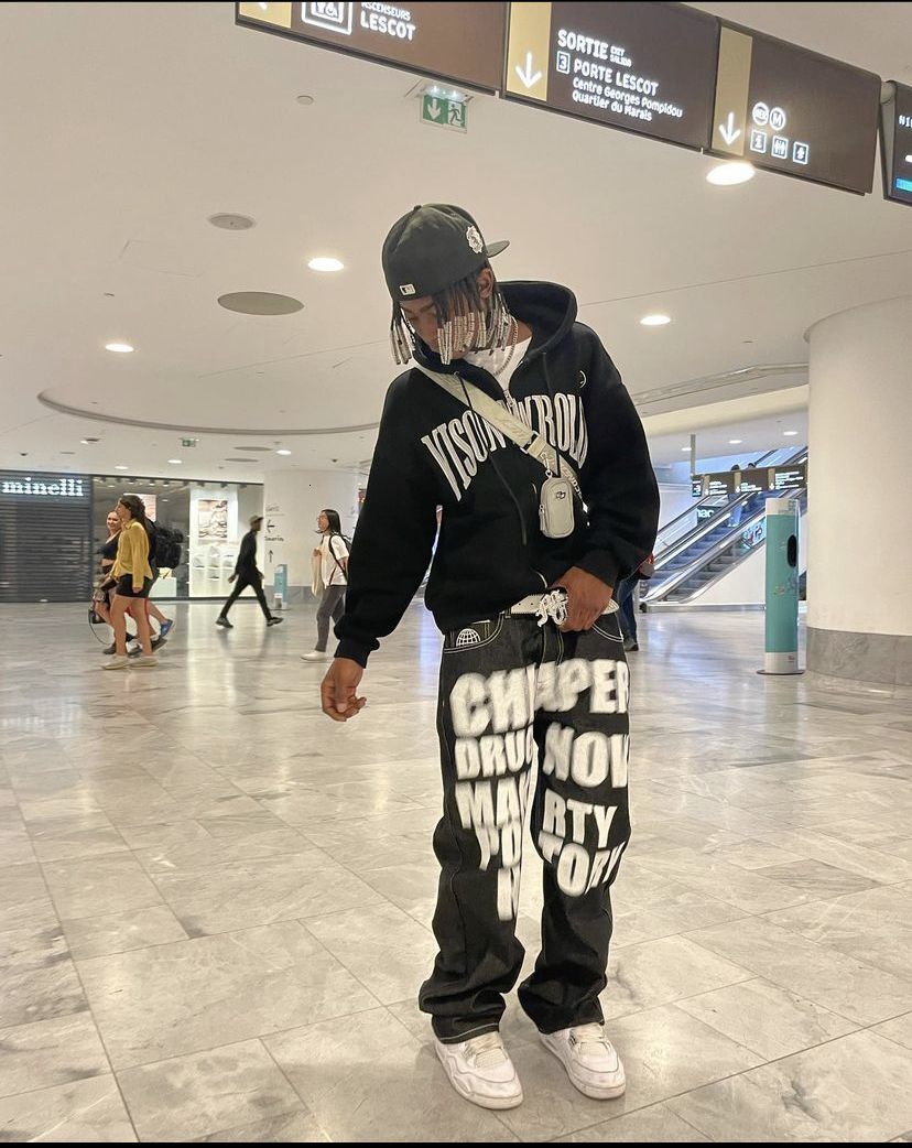 Mens Jeans Y2K Street Trend Letter Print Black Pants Gothy Loose Straight Wide Leg Hiphop Men Dragging Casual 230419