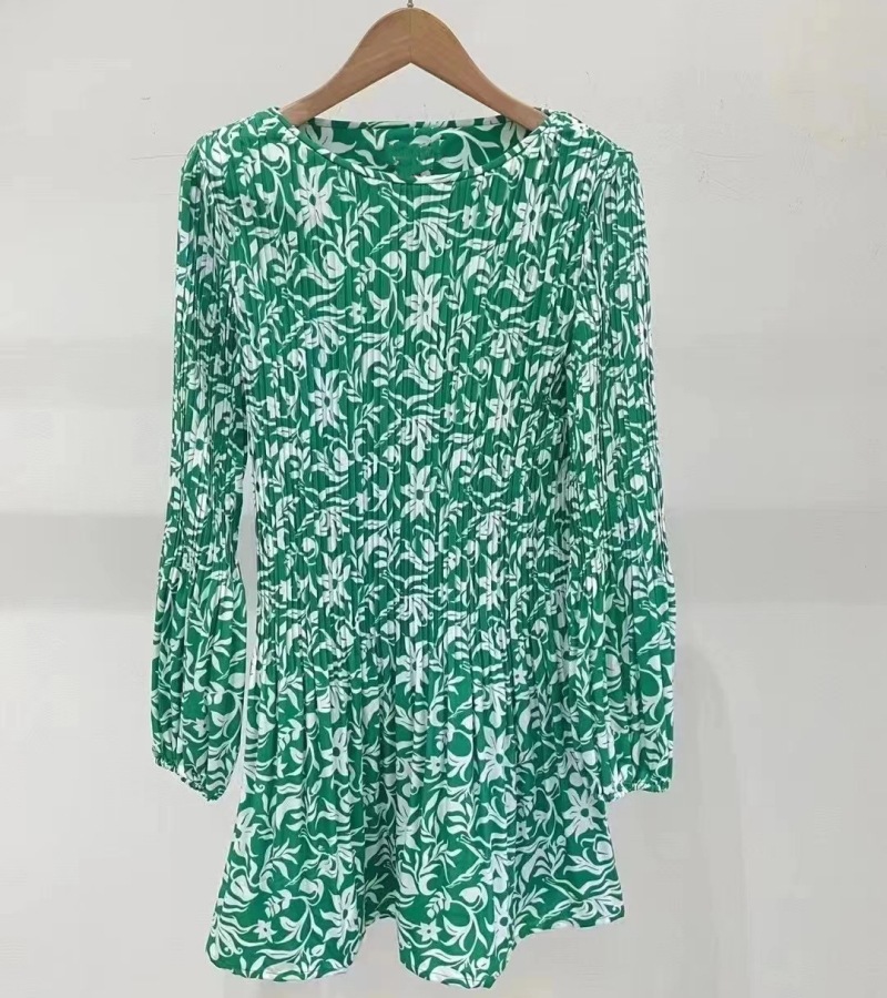 Casual Dresses Maje French Style green Dress Silhouette Floral Printed Pleated Dress for Women