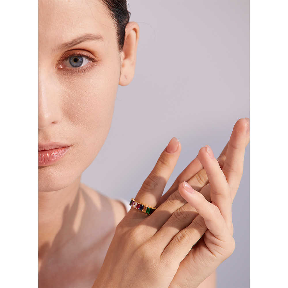 Band Rings Yhpup Delicate Bling Colorful Cubic Zirconia Stainless Steel Gold Color Ring for Women Waterproof Cast Textured Fashion Jewelry