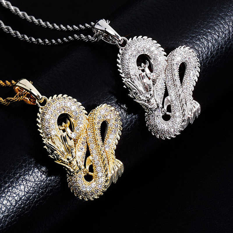 Wolf Tide Jewelry Chinese Style True Dragon Pendant Necklace Full Cubic Zirconia Animal Iced Out Real Gold Electroplated Personalized Hip Hop Necklace