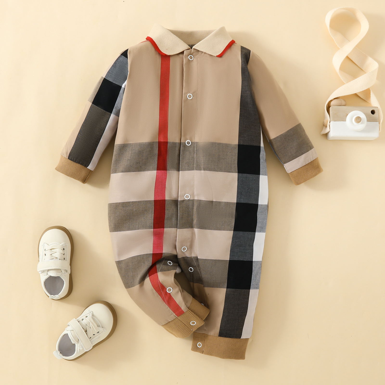 Correct Letters Baby Jumpsuit With Versatile Lapels Newborns Plaid Long Sleeved Underwear Cotton Casual Baby Crawling Clothe