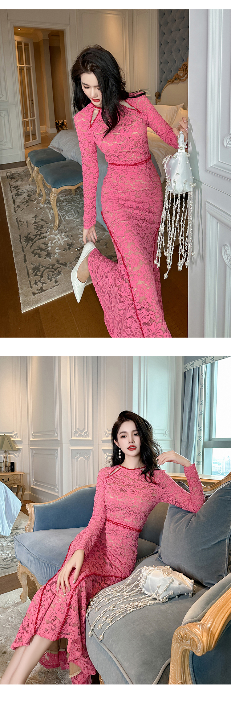French Prom Dresses For Women 2024 Elegant Vintage See Through Lace Hook Wer Hollow Fishtail Robe Femme Party Vestidos Spring