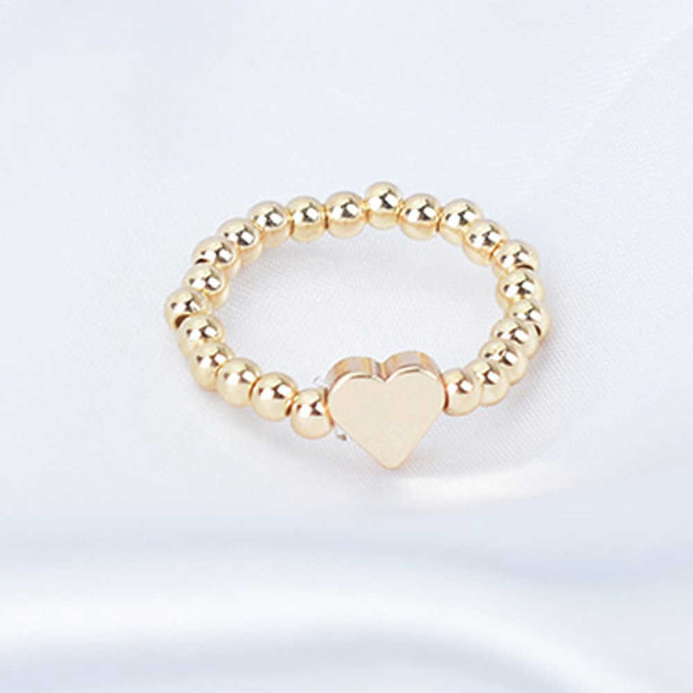 Band Rings New Korean Gold Color Bead Heart Rings For Women Handmade Elastic Ring Simple Adjustable Jewelry Wedding Party Gift