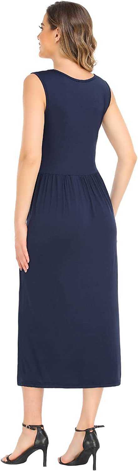 Women's Summer Beach Casual Maxi Dress Sleeveless Tank T Shirt Pleated Swing Dress with Pockets