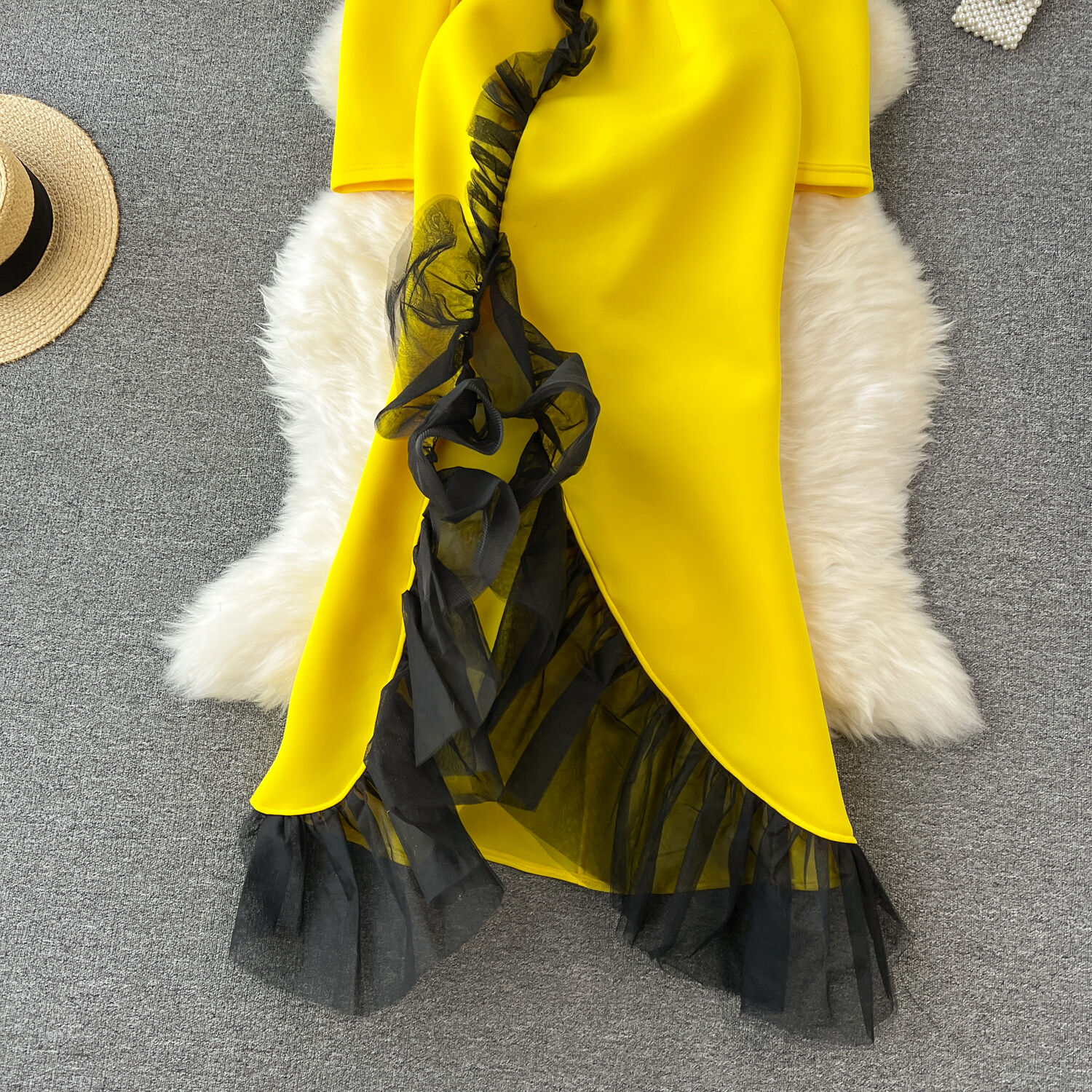 Basic Casual Dresses Elegant Women's Dress Contrast Color Mesh Ruffles Patchwork High Waist A-line Dresses Winter Spring 2024 New