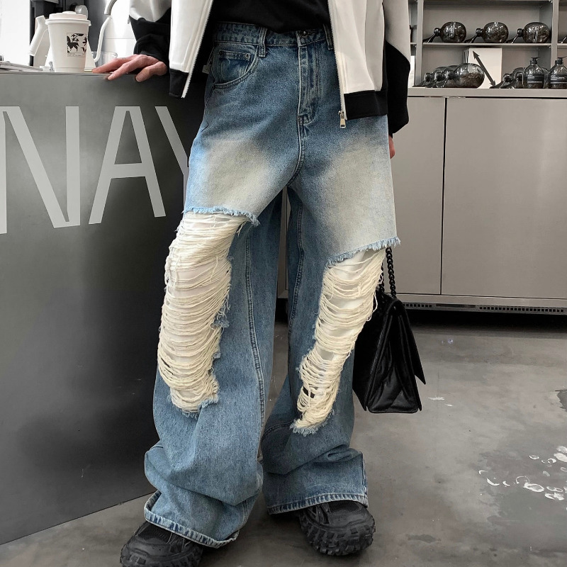 Mens Jeans Ripped Men Spring Vintage Trend High Street Harajuku Hip Hop Wide Leg Pants Ins Korean Fashion Casual Baggy 230419