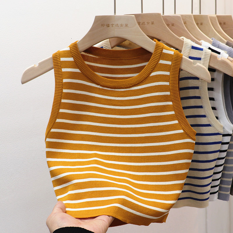 Women's Tanks Camis Striped Knitted Cropped Tank Tops Summer Women Round Collar Sleeveless Slim Stretch Knitwear Vests NFFS 28308 230419