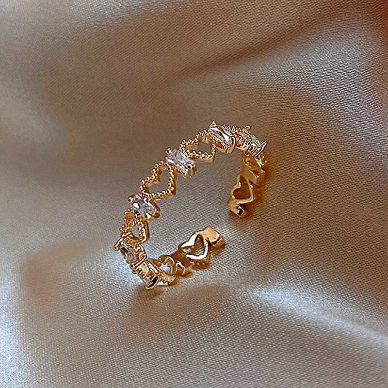 Band Rings New Fashion Gold Color Heart Shape Open Rings For Women Girls Zirconia Crystal Party Jewelry