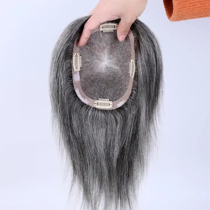 High Quality European Human Hair Fine Monofilament Topper for Hair Loss Solutions Salt and Pepper Hair Piecescustom 20day about 3x5" middle part